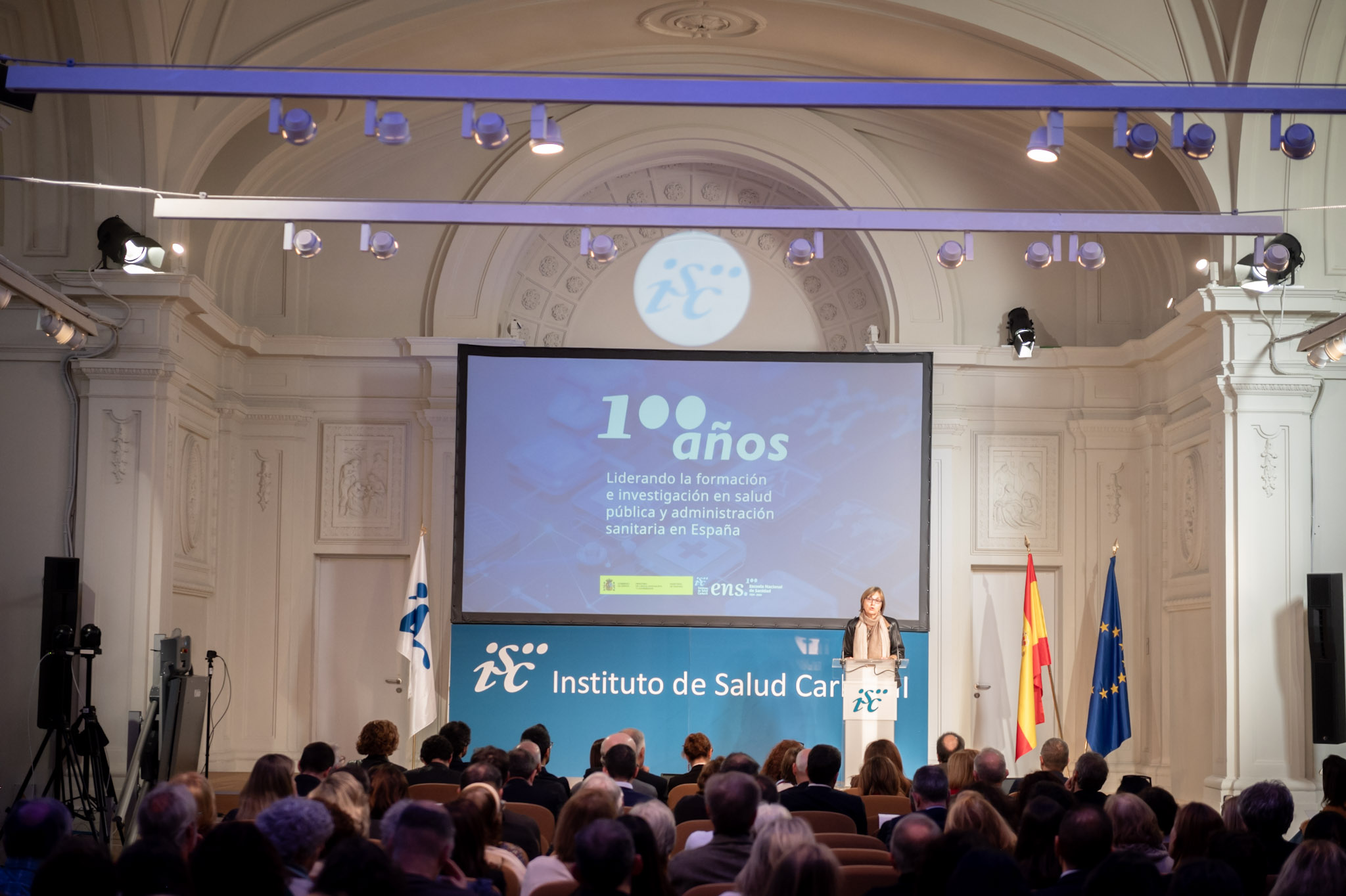 La directora del ISCIII, Marina Pollán, durante su intervención en el acto, celebrado en el salón Ernest Lluch del campus de Chamartín del ISCIII, en Madrid.